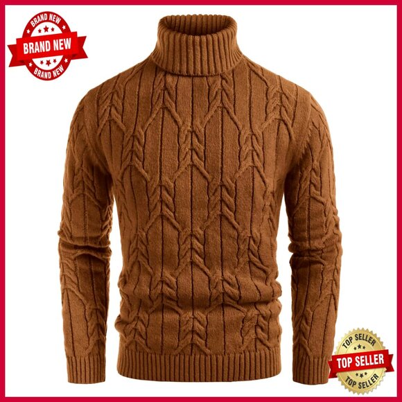 Men's Slim Fit Cable Knit Turtleneck Sweater Chunky Warm Pullover Casual